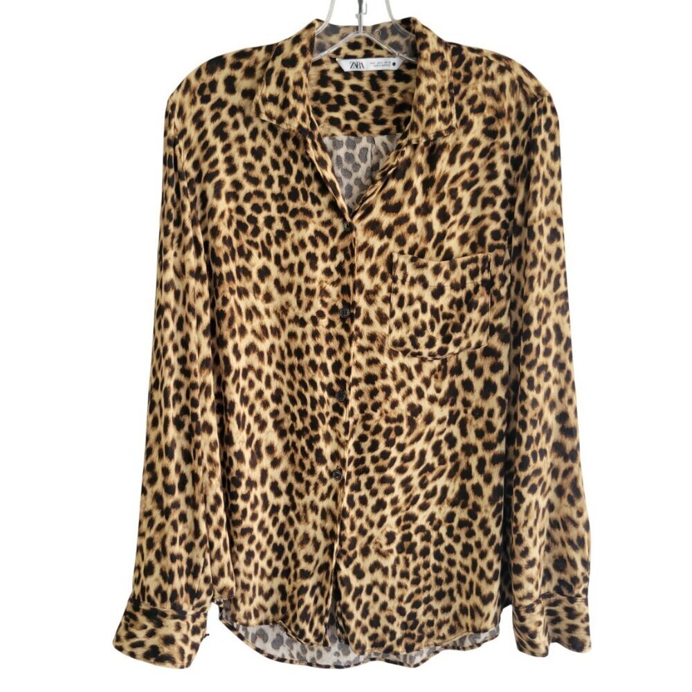 Zara Leopard Print Button Down Oversized Shirt Size Small